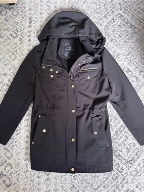 Black Hooded Rain Jacket with Gold Hardware